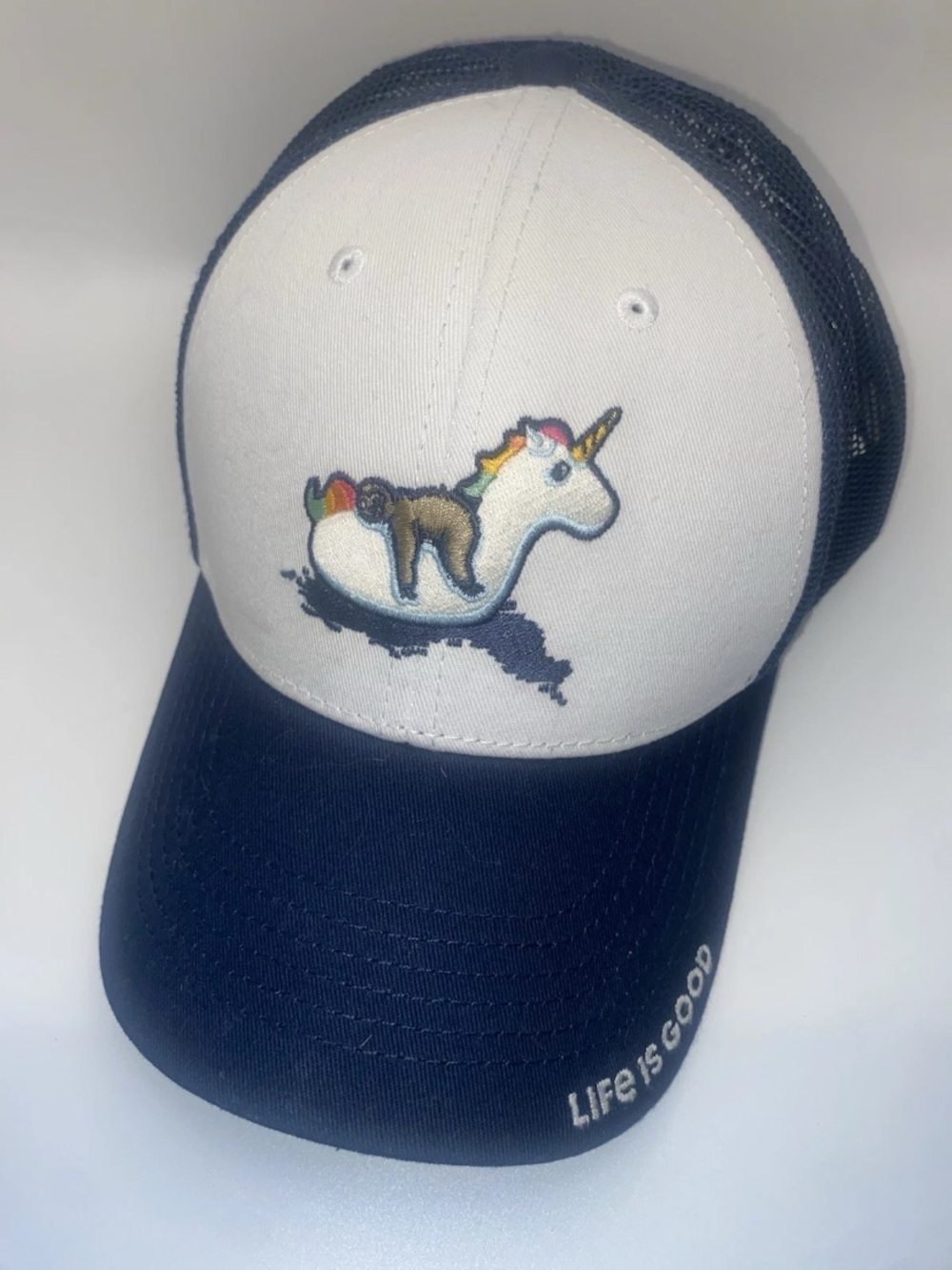 Life is Good Trucker Snapback Hat Cap-Sloth/Unicorn-Navy/White-Adjustable-NWOT
